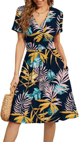 Women's Blue Paisley Print Wrap V-Neck Short Sleeve Midi Dress Elegant Causal 2025 Summer Fashion Clothes