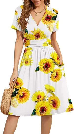 Women's Blue Paisley Print Wrap V-Neck Short Sleeve Midi Dress Elegant Causal 2025 Summer Fashion Clothes