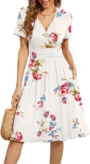 Women's Blue Paisley Print Wrap V-Neck Short Sleeve Midi Dress Elegant Causal 2025 Summer Fashion Clothes
