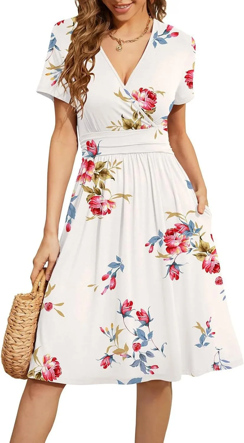 Women's Blue Paisley Print Wrap V-Neck Short Sleeve Midi Dress Elegant Causal 2025 Summer Fashion Clothes