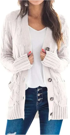 Women's Button Down Open Front Cardigan Sweaters Fall Trendy Cable Knit Chunky Outerwear Coats with Pockets