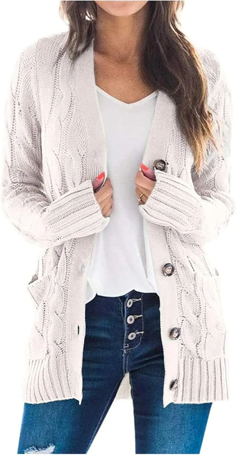 Women's Button Down Open Front Cardigan Sweaters Fall Trendy Cable Knit Chunky Outerwear Coats with Pockets