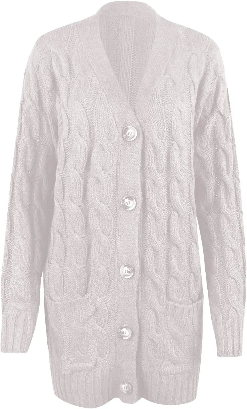 Women's Button Down Open Front Cardigan Sweaters Fall Trendy Cable Knit Chunky Outerwear Coats with Pockets