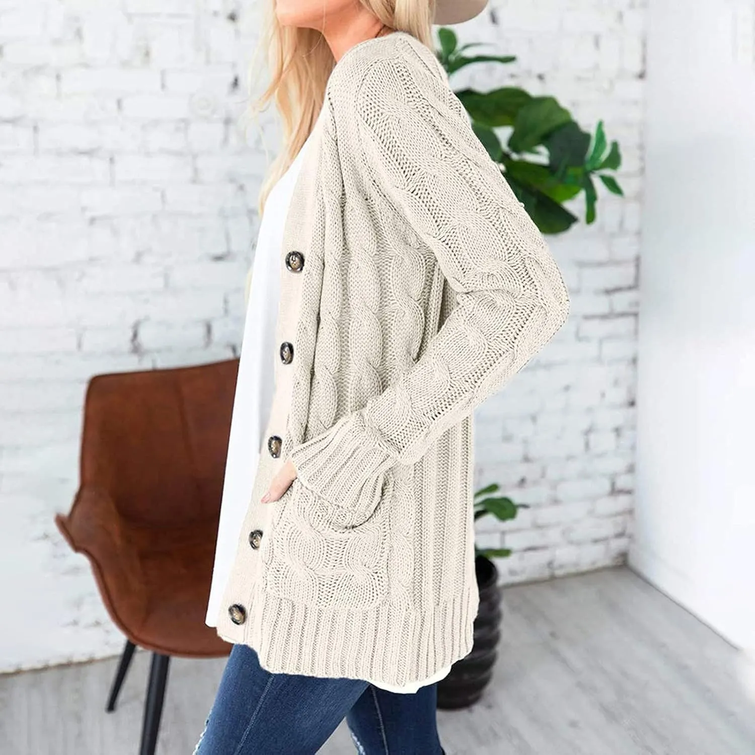 Women's Button Down Open Front Cardigan Sweaters Fall Trendy Cable Knit Chunky Outerwear Coats with Pockets
