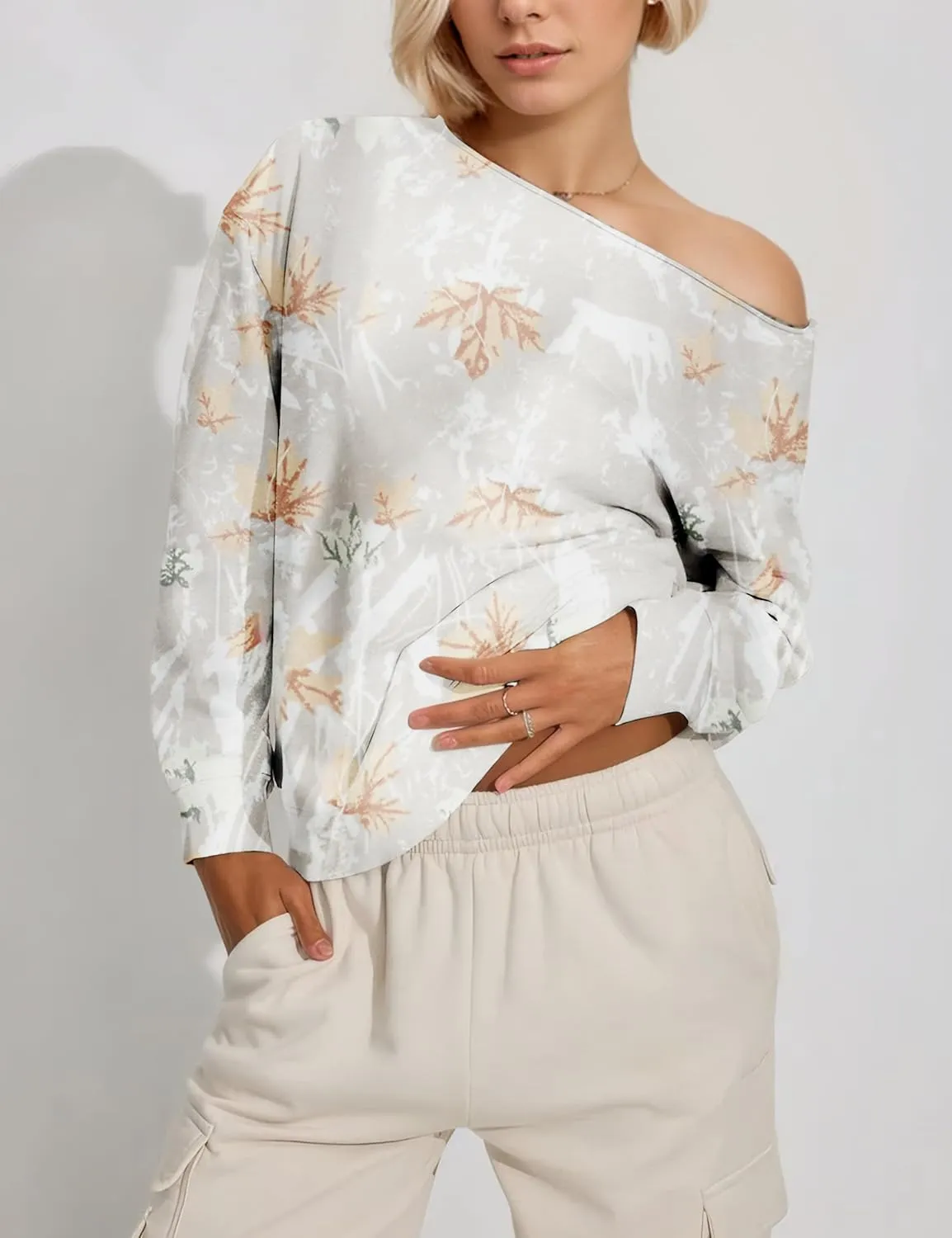 Womens Camo Off The Shoulder Sweatshirt Maple Leaf Print One Shoulder Sweatshirts Long Sleeve Loose Fleece Pullover