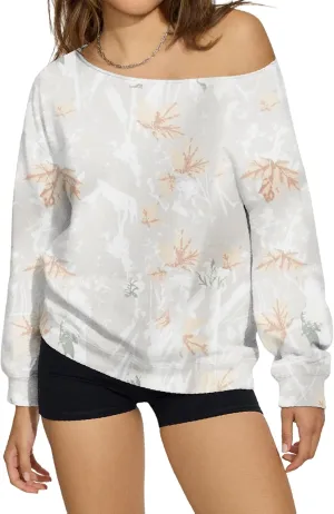 Womens Camo Off The Shoulder Sweatshirt Maple Leaf Print One Shoulder Sweatshirts Long Sleeve Loose Fleece Pullover