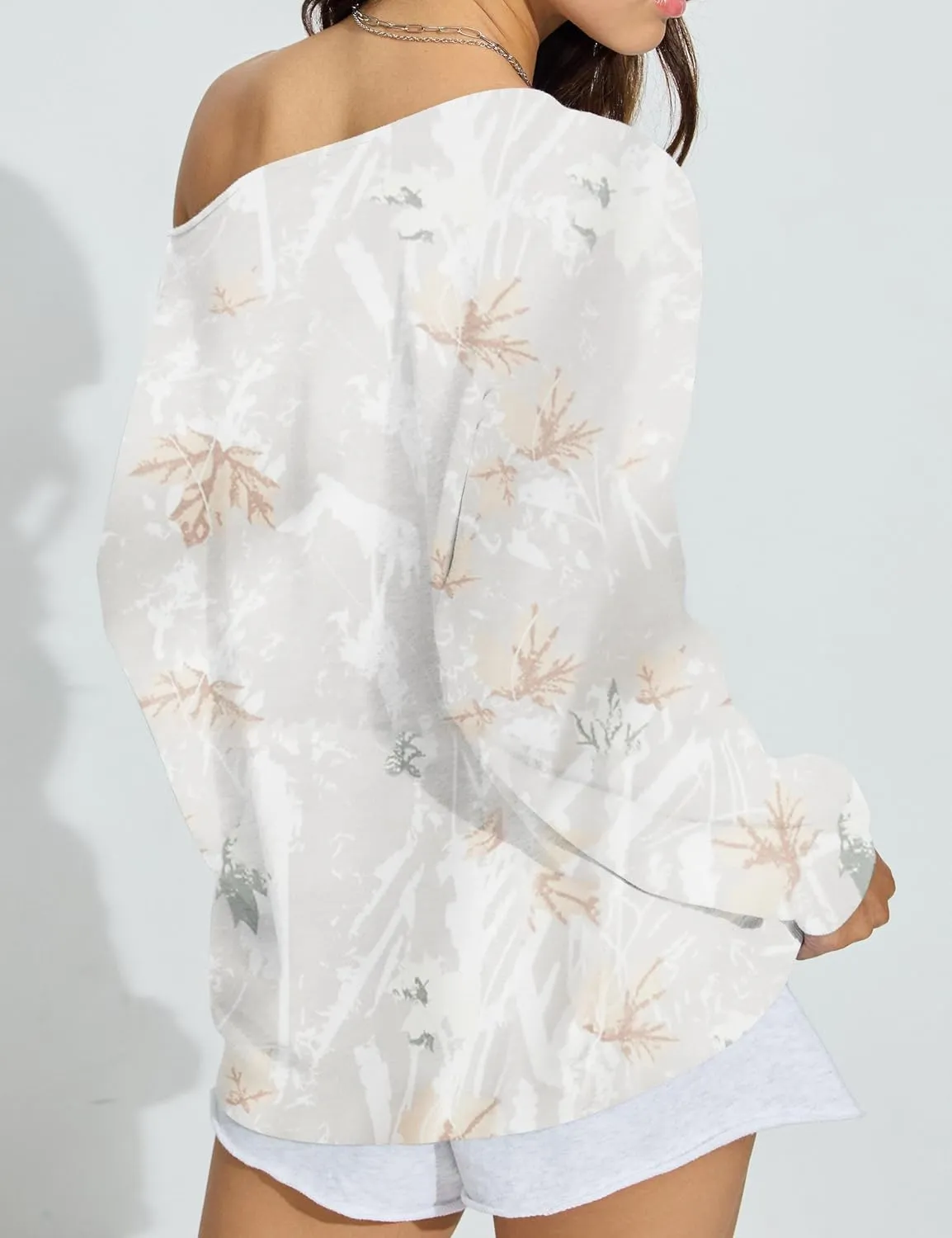 Womens Camo Off The Shoulder Sweatshirt Maple Leaf Print One Shoulder Sweatshirts Long Sleeve Loose Fleece Pullover