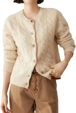 Women's Cashmere Sweater O-Neck Cable Knit Cardigan Knitwear Thickened Soft Coat Tops