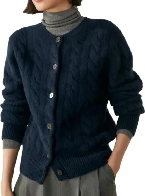 Women's Cashmere Sweater O-Neck Cable Knit Cardigan Knitwear Thickened Soft Coat Tops