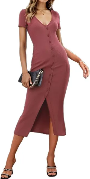 Women's Casual Button Down Dress V Neck Short Sleeve Bodycon Maxi Dress Summer Slim Fit Dress