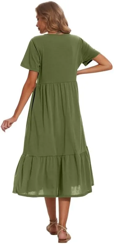 Womens Casual Dresses Flowy Maxi Dress Crewneck Short Sleeve Summer Long Dress with Pockets