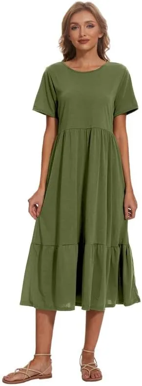 Womens Casual Dresses Flowy Maxi Dress Crewneck Short Sleeve Summer Long Dress with Pockets
