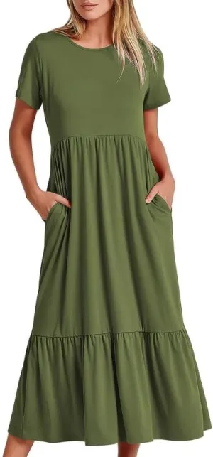 Womens Casual Dresses Flowy Maxi Dress Crewneck Short Sleeve Summer Long Dress with Pockets