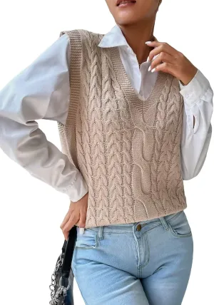Women's Casual V Neck Cable Knit Sweater Vest Solid Sleeveless Tank Tops Women Vest