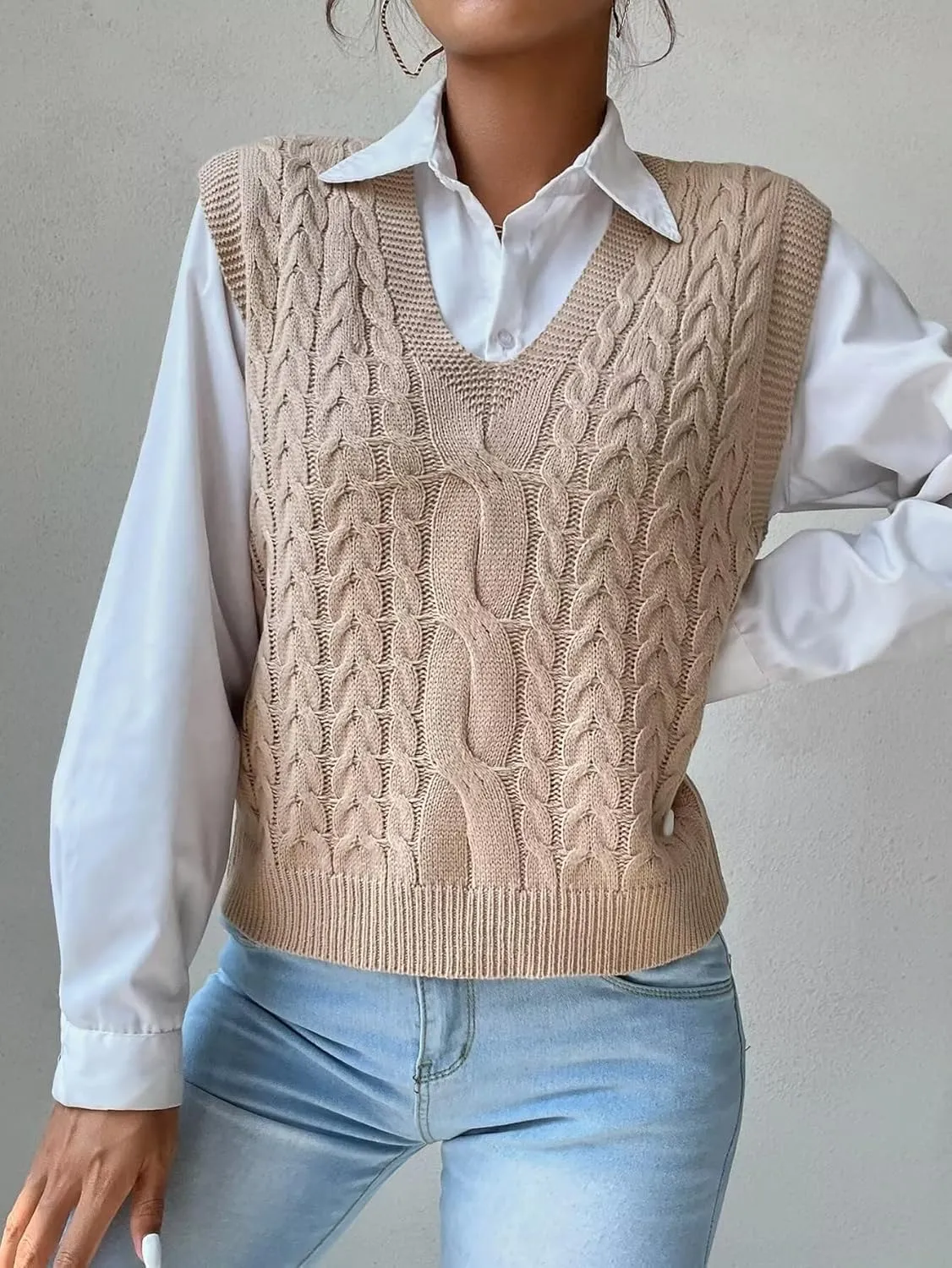 Women's Casual V Neck Cable Knit Sweater Vest Solid Sleeveless Tank Tops Women Vest