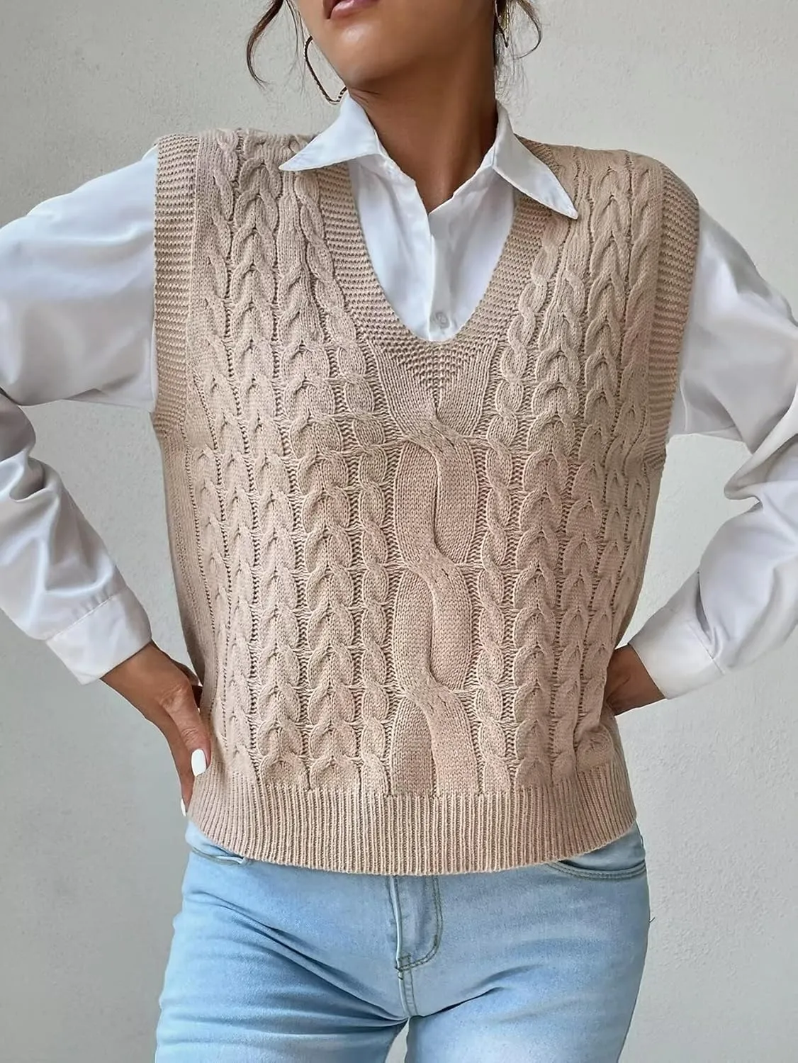Women's Casual V Neck Cable Knit Sweater Vest Solid Sleeveless Tank Tops Women Vest