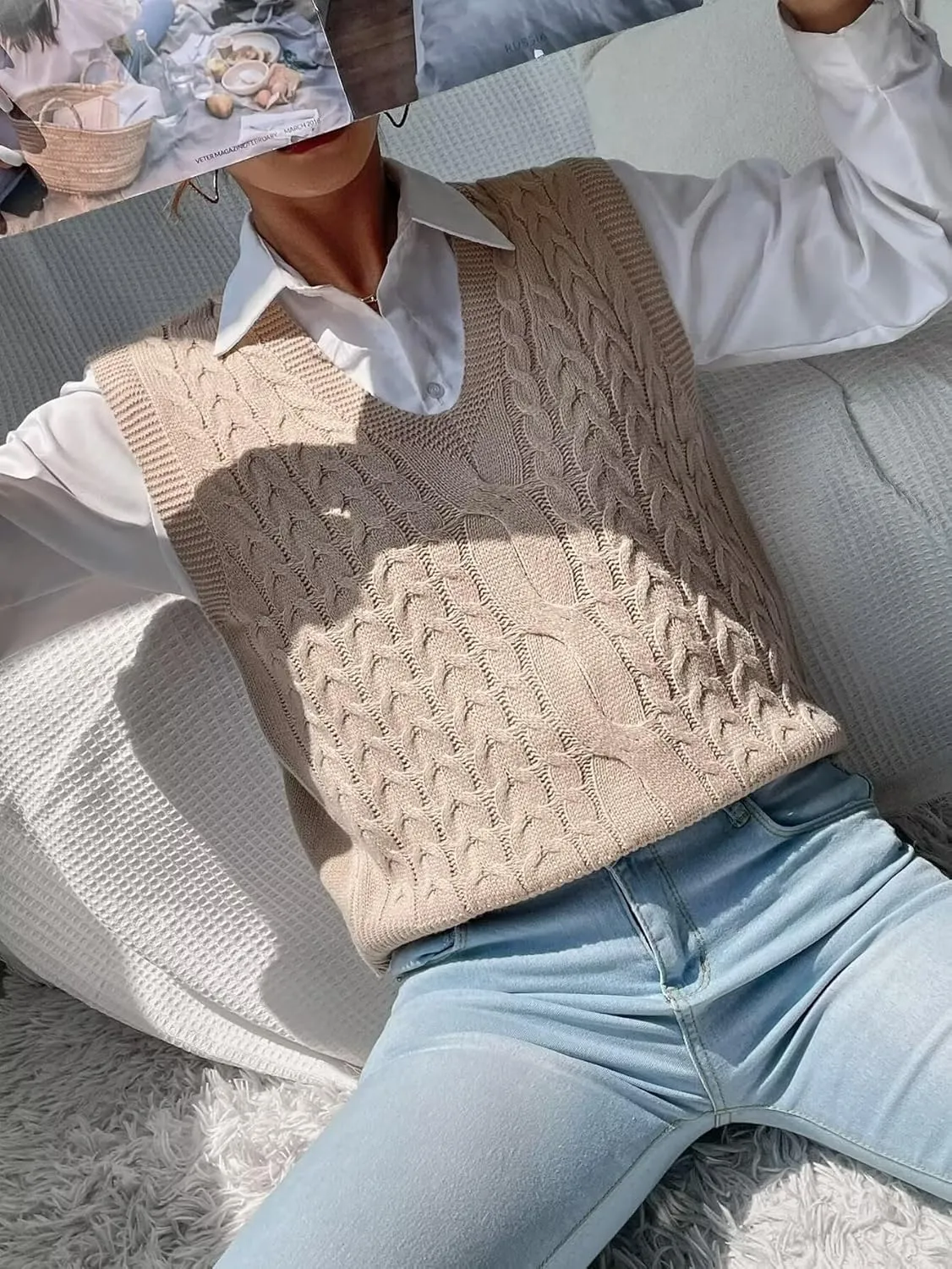 Women's Casual V Neck Cable Knit Sweater Vest Solid Sleeveless Tank Tops Women Vest