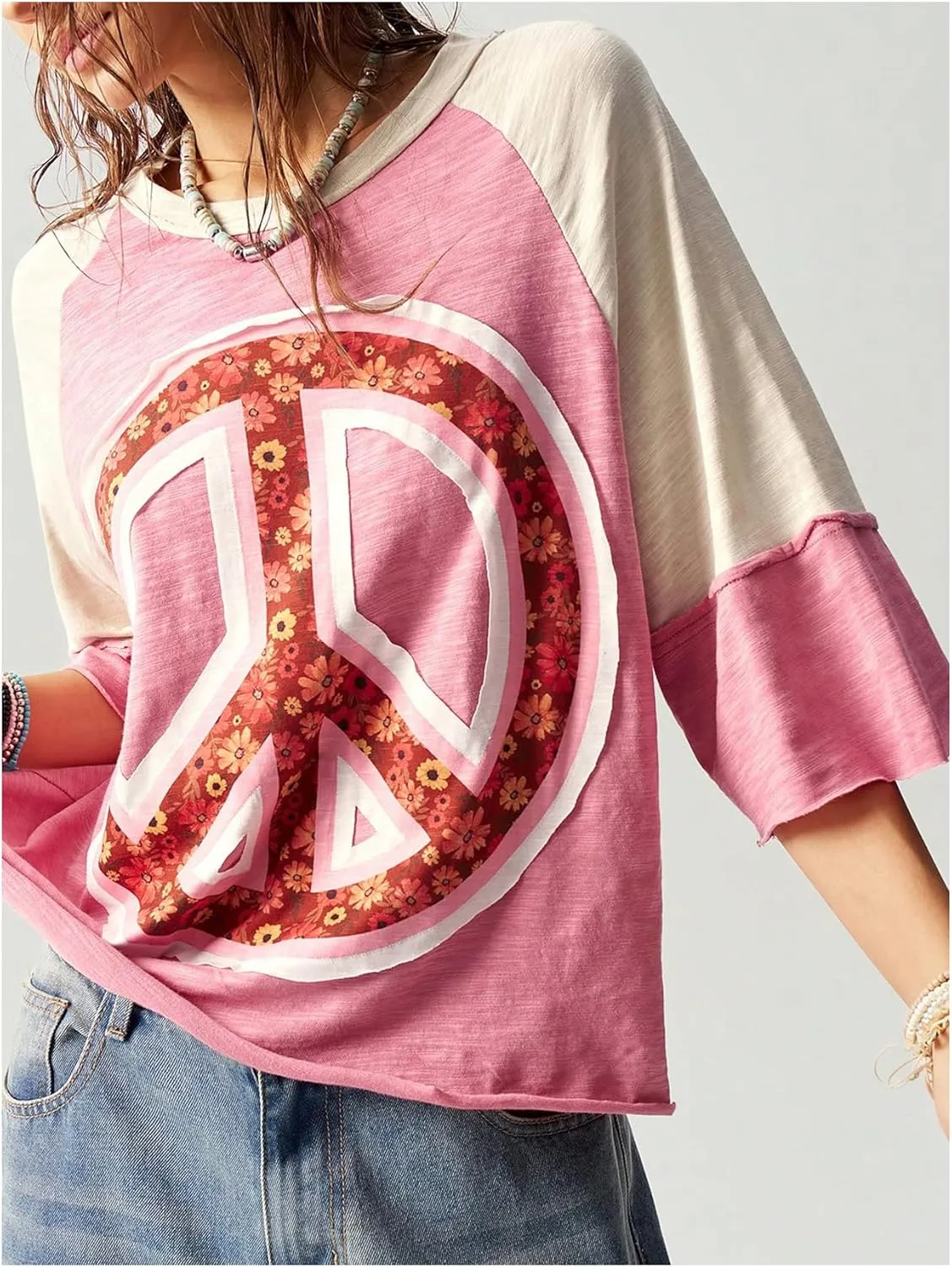 Women's Colorblock Floral Printed Half Sleeve T Shirt Crew Neck Oversized Tee Tops