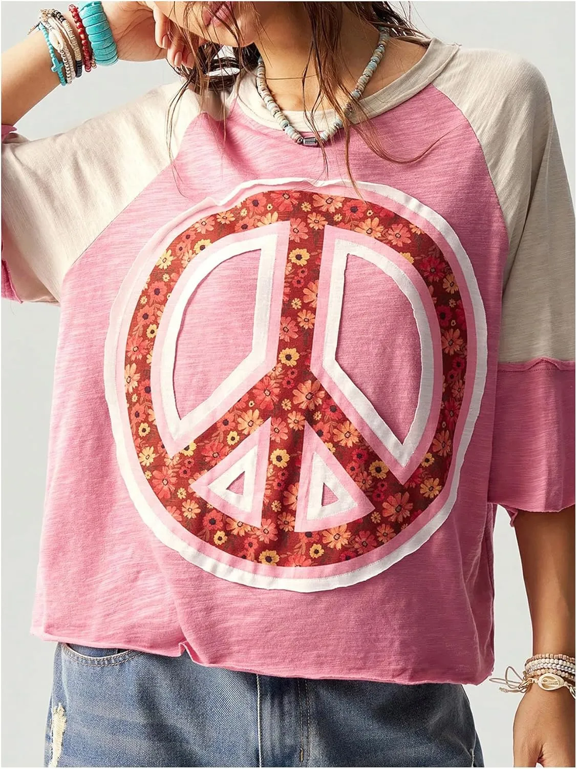 Women's Colorblock Floral Printed Half Sleeve T Shirt Crew Neck Oversized Tee Tops