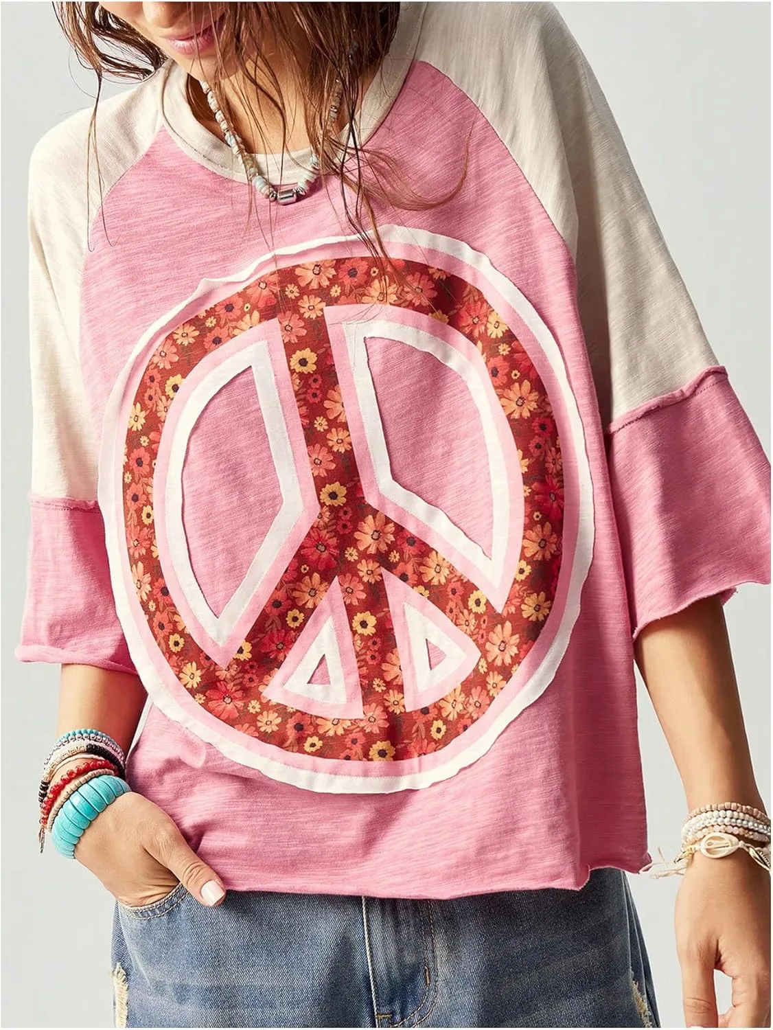 Women's Colorblock Floral Printed Half Sleeve T Shirt Crew Neck Oversized Tee Tops