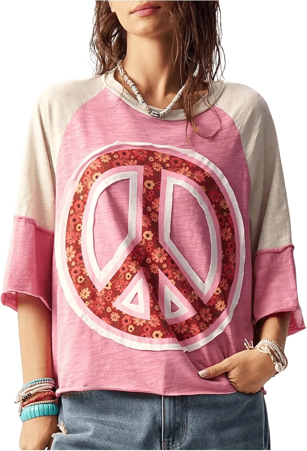 Women's Colorblock Floral Printed Half Sleeve T Shirt Crew Neck Oversized Tee Tops