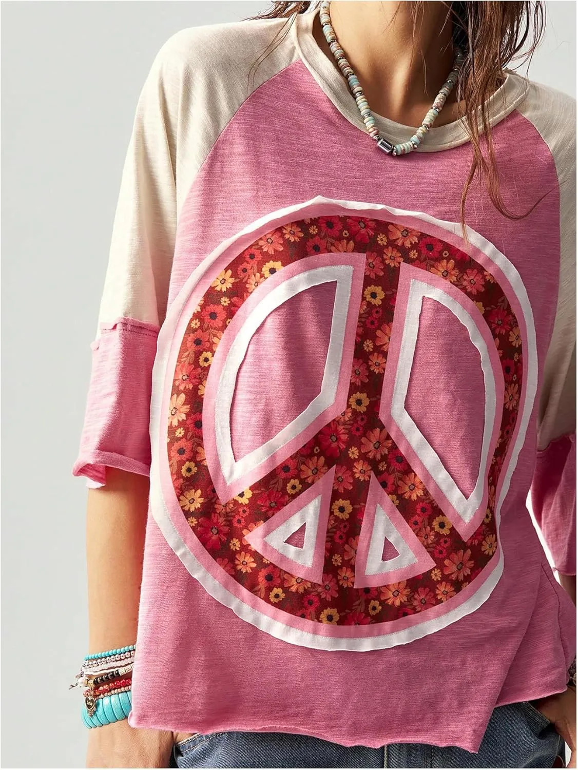 Women's Colorblock Floral Printed Half Sleeve T Shirt Crew Neck Oversized Tee Tops