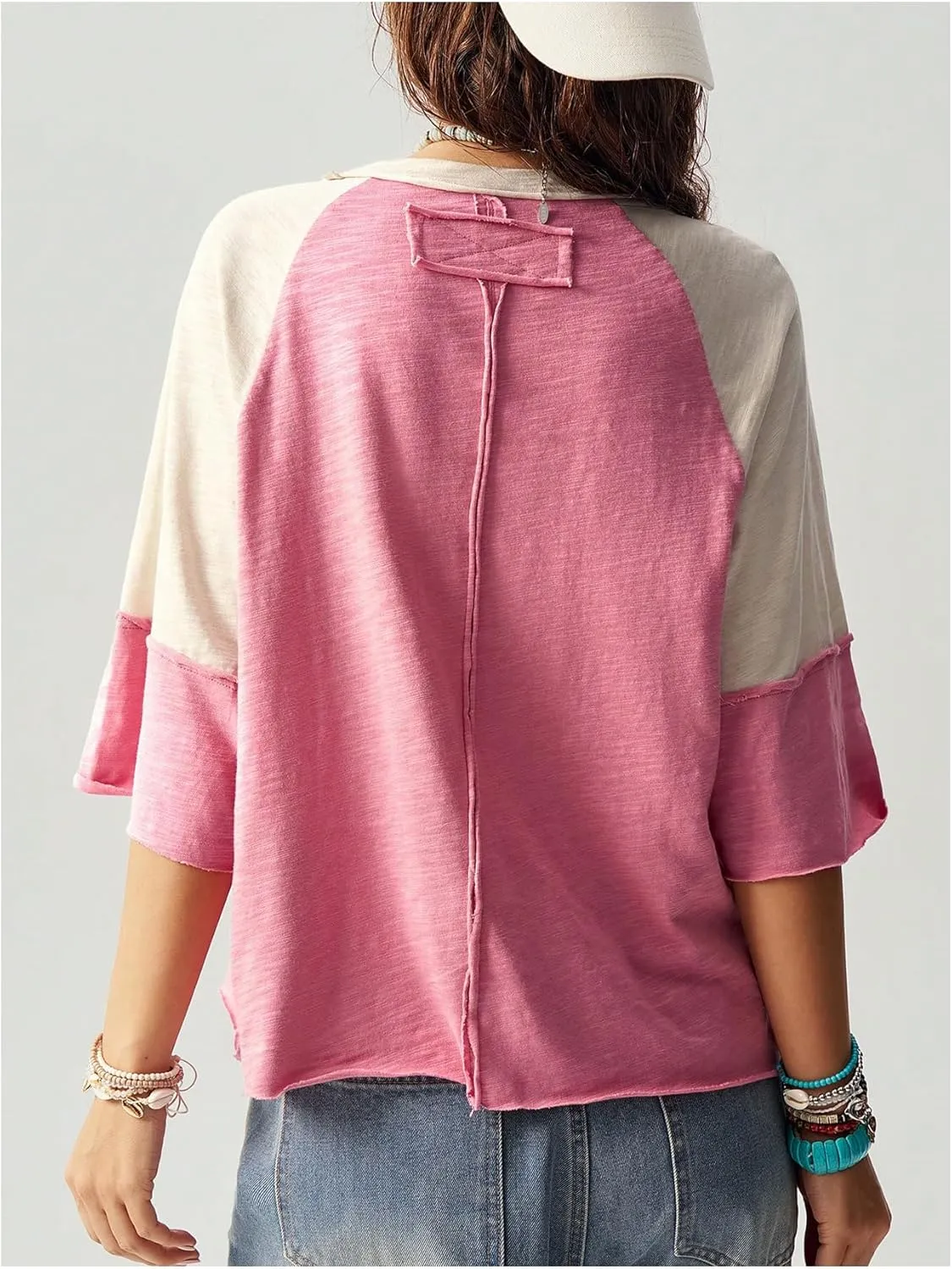 Women's Colorblock Floral Printed Half Sleeve T Shirt Crew Neck Oversized Tee Tops