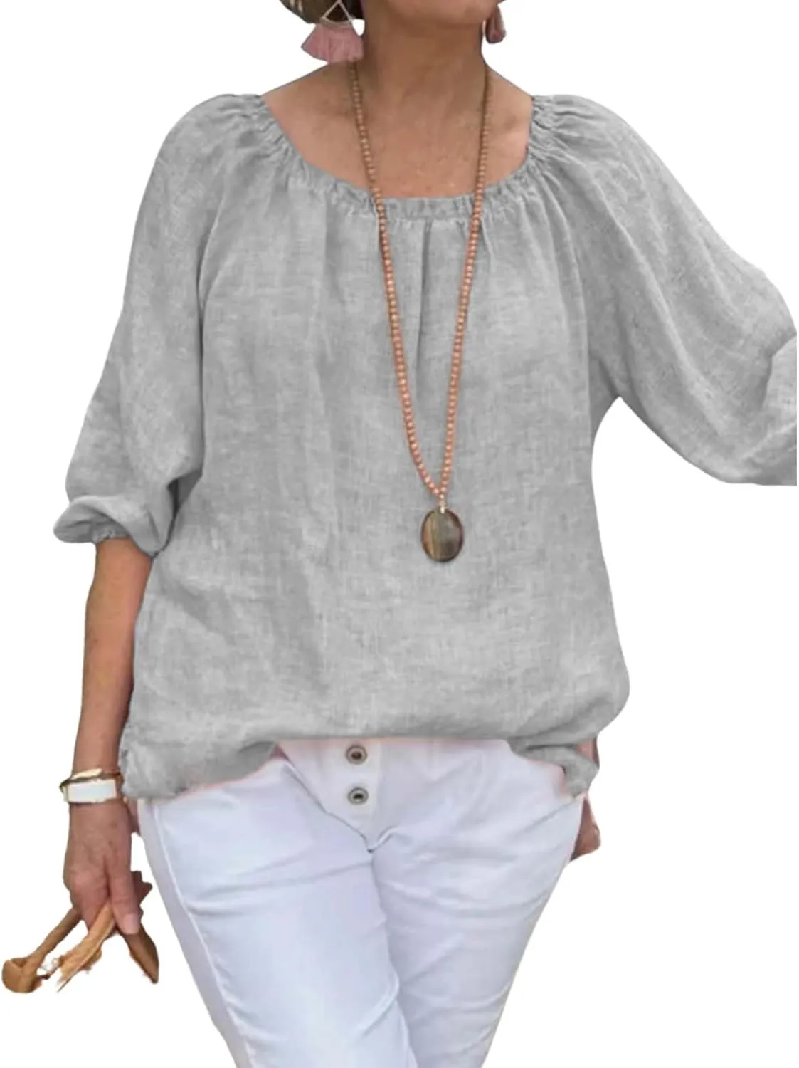 Womens Cotton Linen Pleated Crew Neck Tops Casual Half Puff Sleeve Pullover Summer Trendy Loose Tunic Shirts