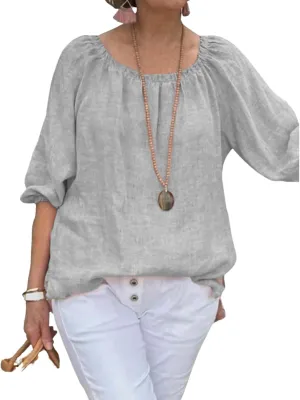 Womens Cotton Linen Pleated Crew Neck Tops Casual Half Puff Sleeve Pullover Summer Trendy Loose Tunic Shirts