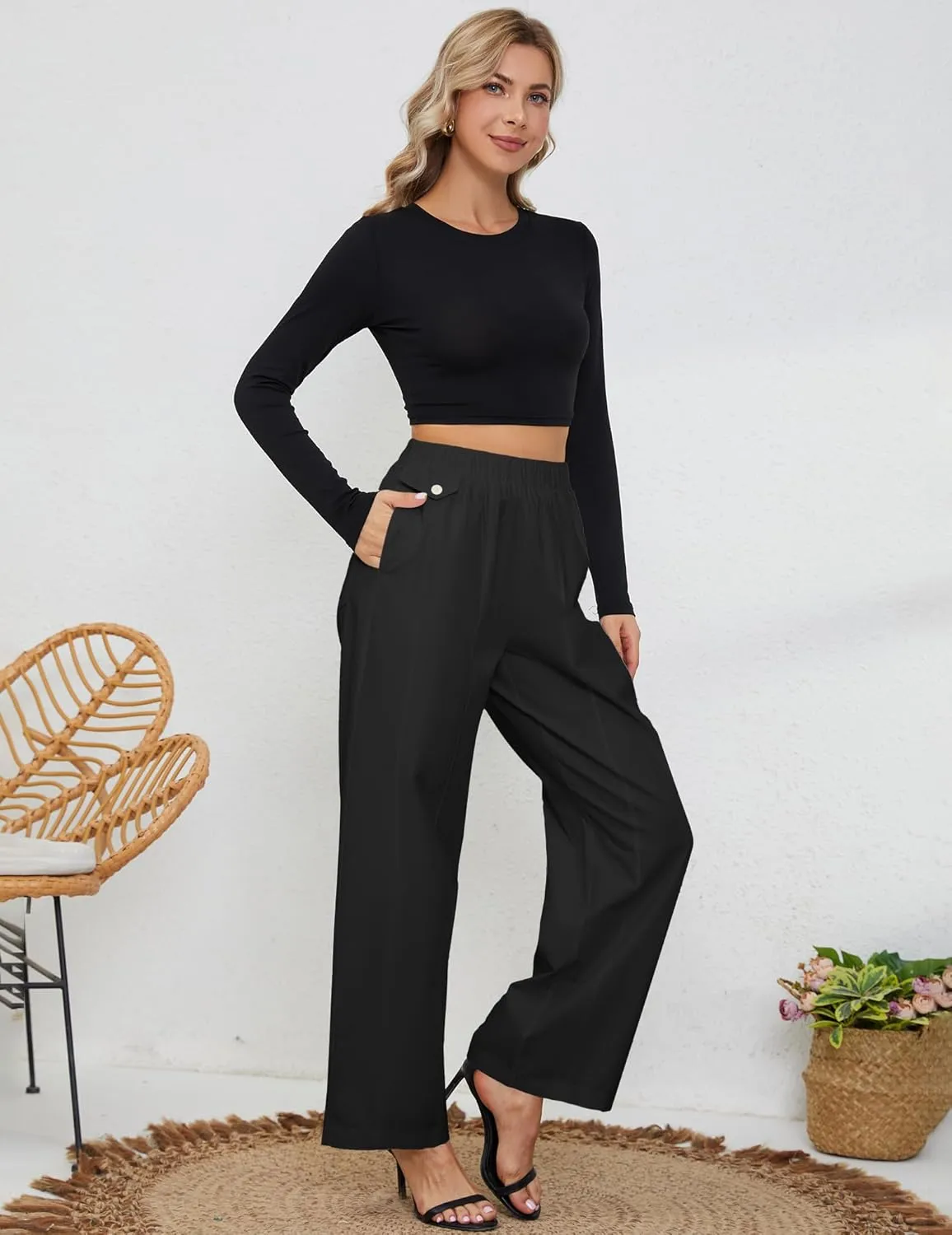 Womens Elastic High Waist Pants Straight Long Trousers Pockets Comfy Cotton Palazzo Work Business Casual