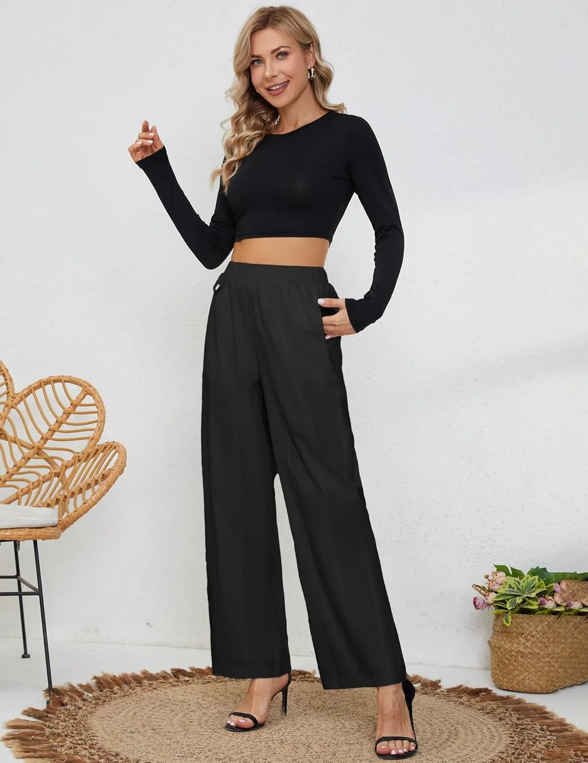 Womens Elastic High Waist Pants Straight Long Trousers Pockets Comfy Cotton Palazzo Work Business Casual