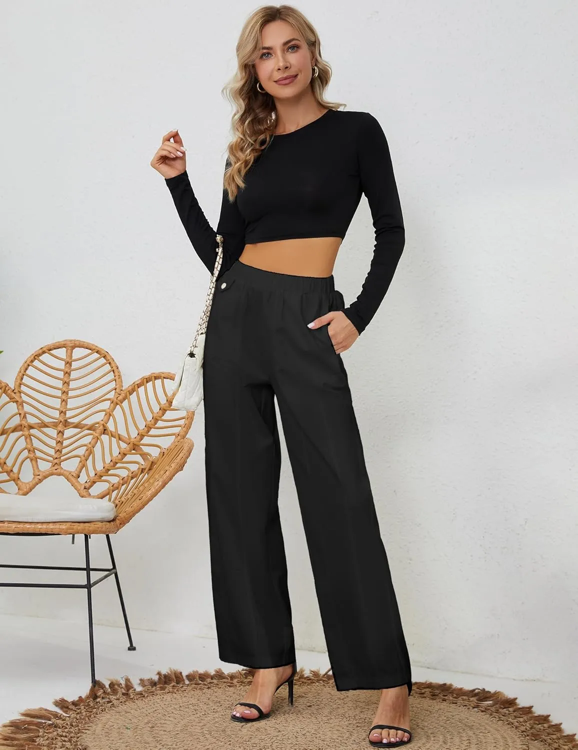 Womens Elastic High Waist Pants Straight Long Trousers Pockets Comfy Cotton Palazzo Work Business Casual