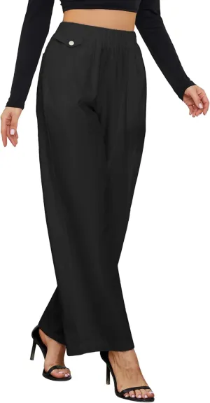 Womens Elastic High Waist Pants Straight Long Trousers Pockets Comfy Cotton Palazzo Work Business Casual