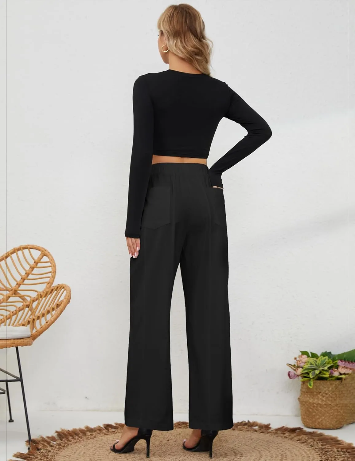 Womens Elastic High Waist Pants Straight Long Trousers Pockets Comfy Cotton Palazzo Work Business Casual