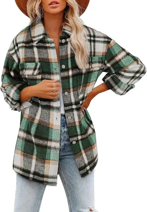Women's Flannel Plaid Jacket Long Sleeve Button Down Pocket Shirts Coats Shacket