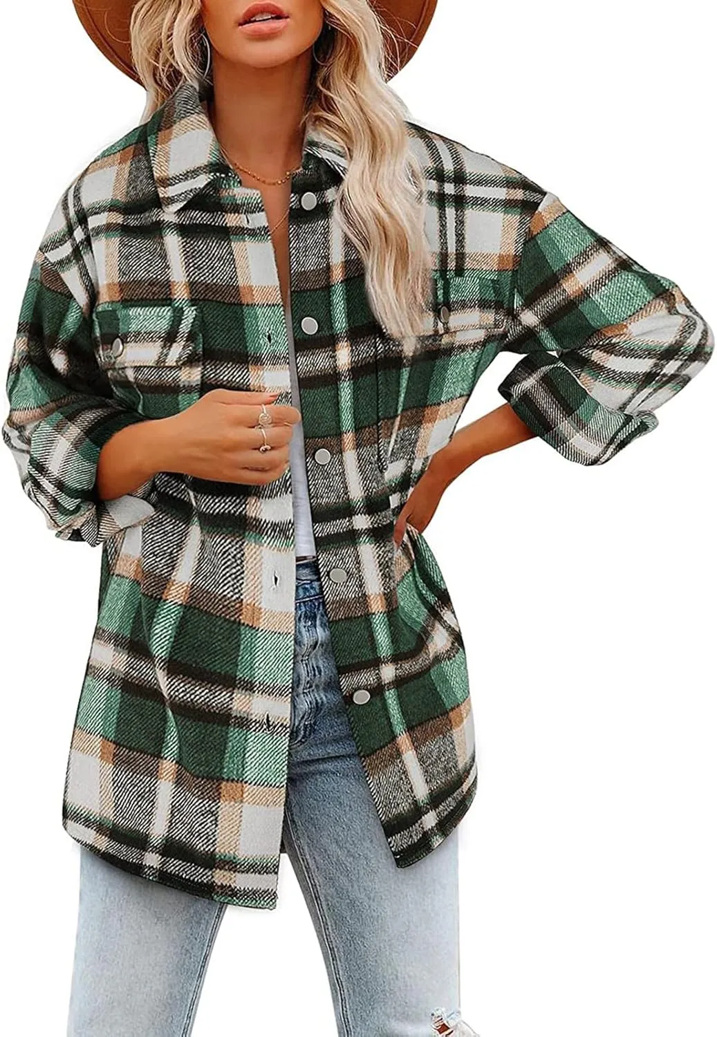 Women's Flannel Plaid Jacket Long Sleeve Button Down Pocket Shirts Coats Shacket