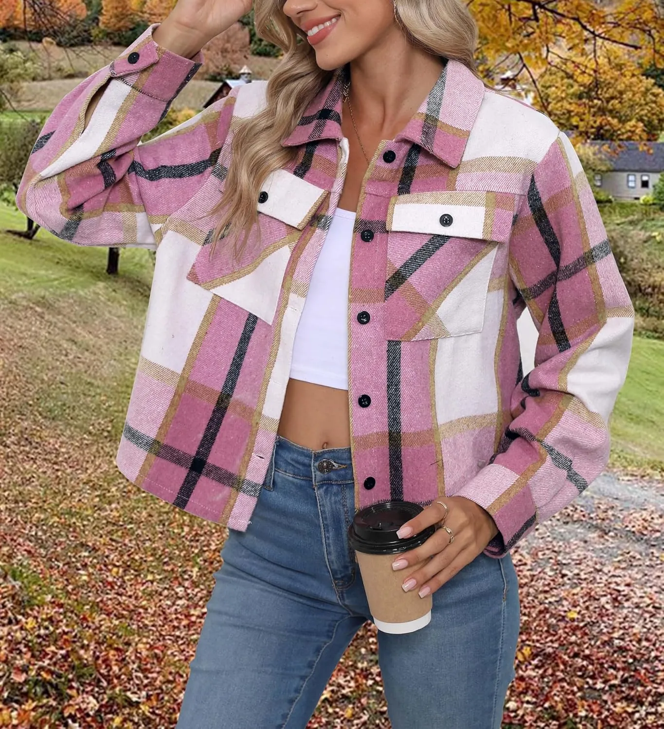 Women's Flannels Cropped Shacket Jacket Fashion Plaid Button Down Shirt 2025 Fall Coat Tops