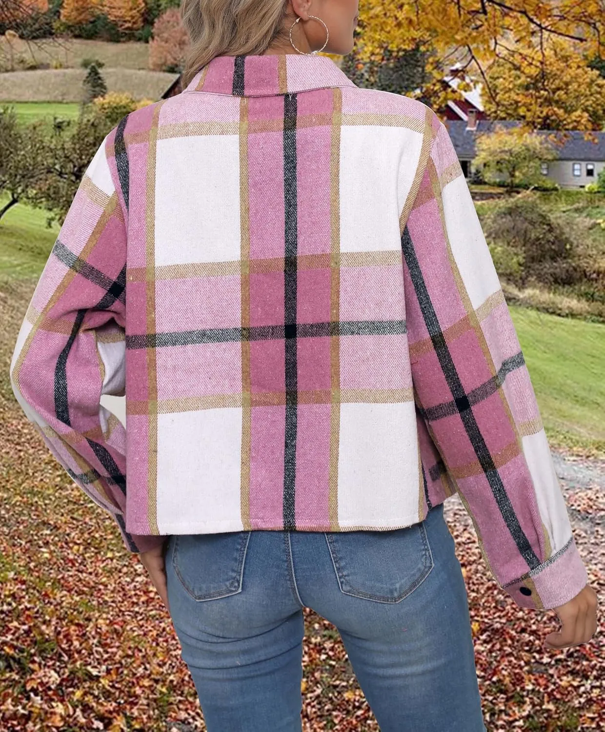 Women's Flannels Cropped Shacket Jacket Fashion Plaid Button Down Shirt 2025 Fall Coat Tops