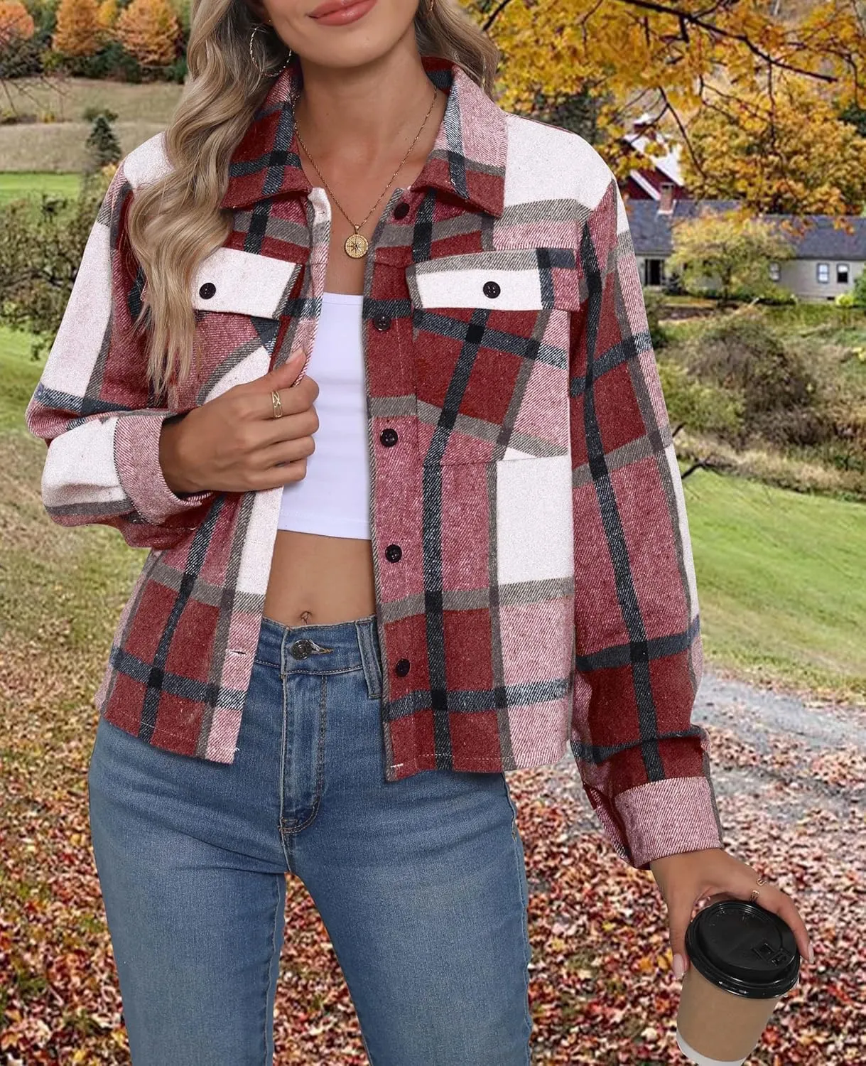 Women's Flannels Cropped Shacket Jacket Fashion Plaid Button Down Shirt 2025 Fall Coat Tops
