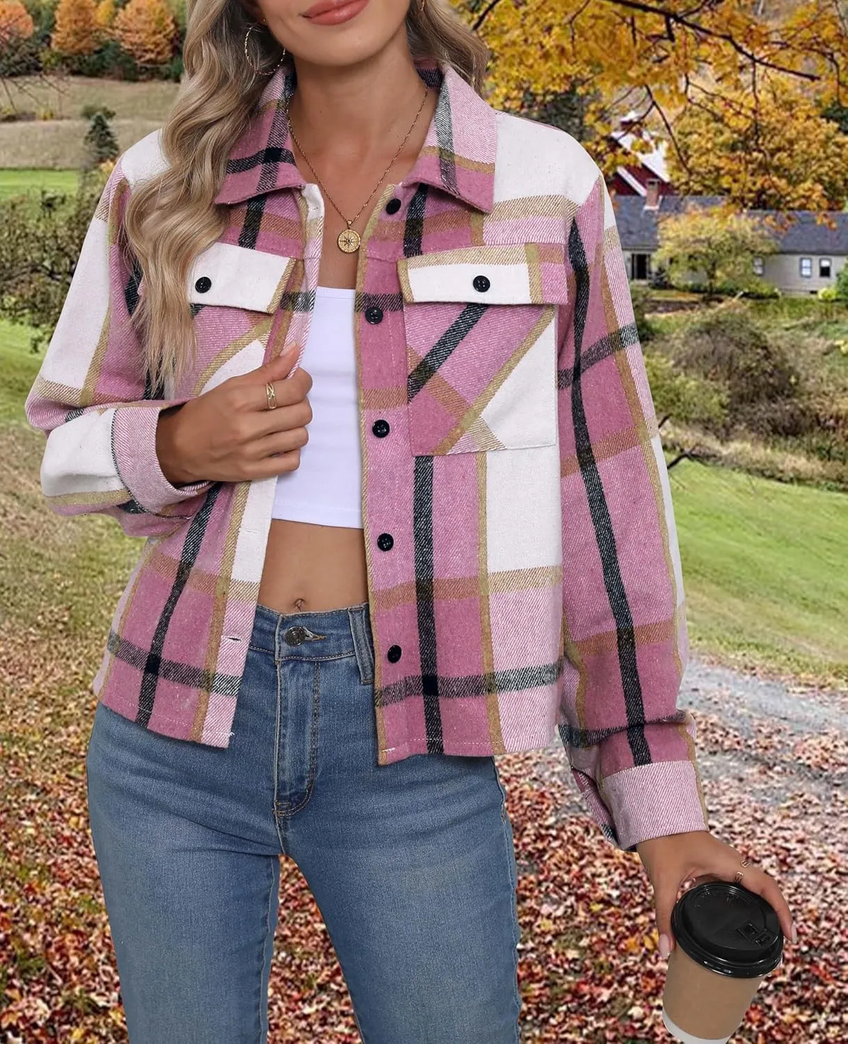 Women's Flannels Cropped Shacket Jacket Fashion Plaid Button Down Shirt 2025 Fall Coat Tops