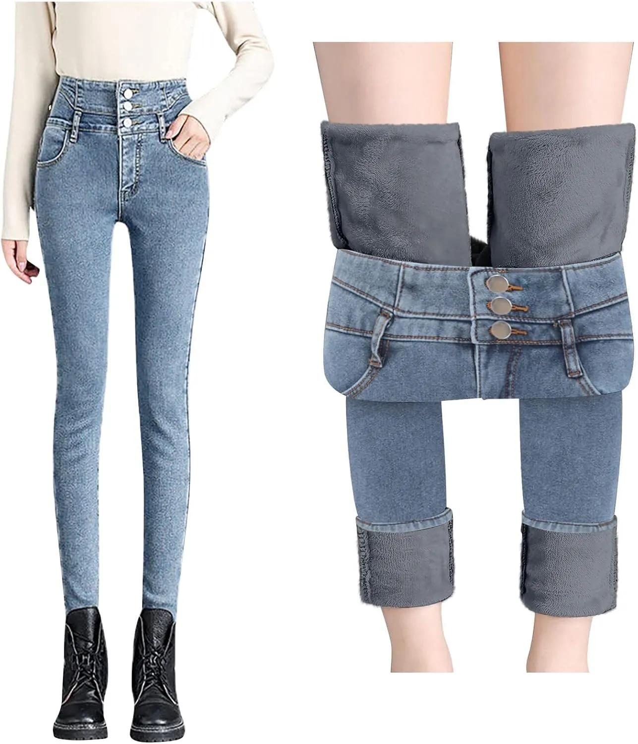 Women's Fleece Lined Jeans High Waist Winter Thick Warm Denim Jeggings 2023 Trendy Stretch Skinny Jean Trousers with Pockets