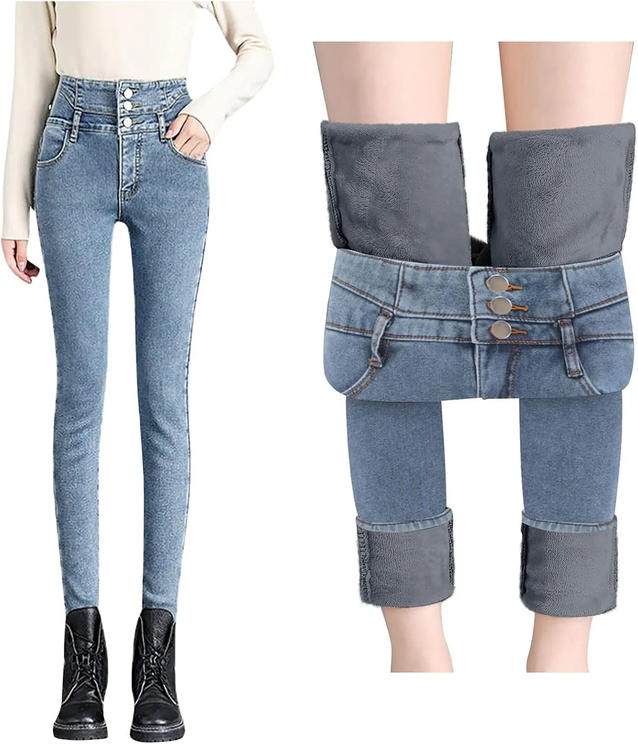 Women's Fleece Lined Jeans High Waist Winter Thick Warm Denim Jeggings 2023 Trendy Stretch Skinny Jean Trousers with Pockets