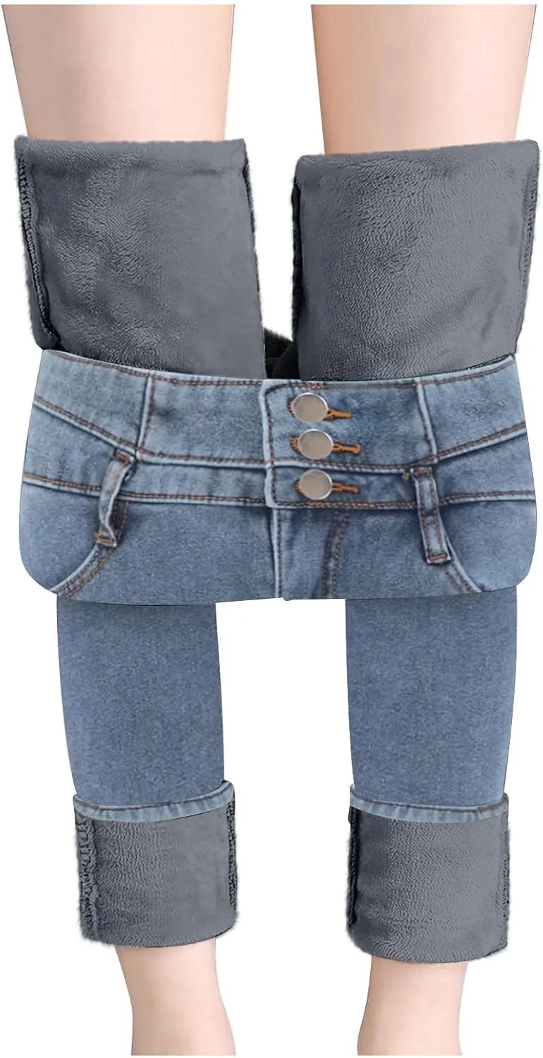 Women's Fleece Lined Jeans High Waist Winter Thick Warm Denim Jeggings 2023 Trendy Stretch Skinny Jean Trousers with Pockets