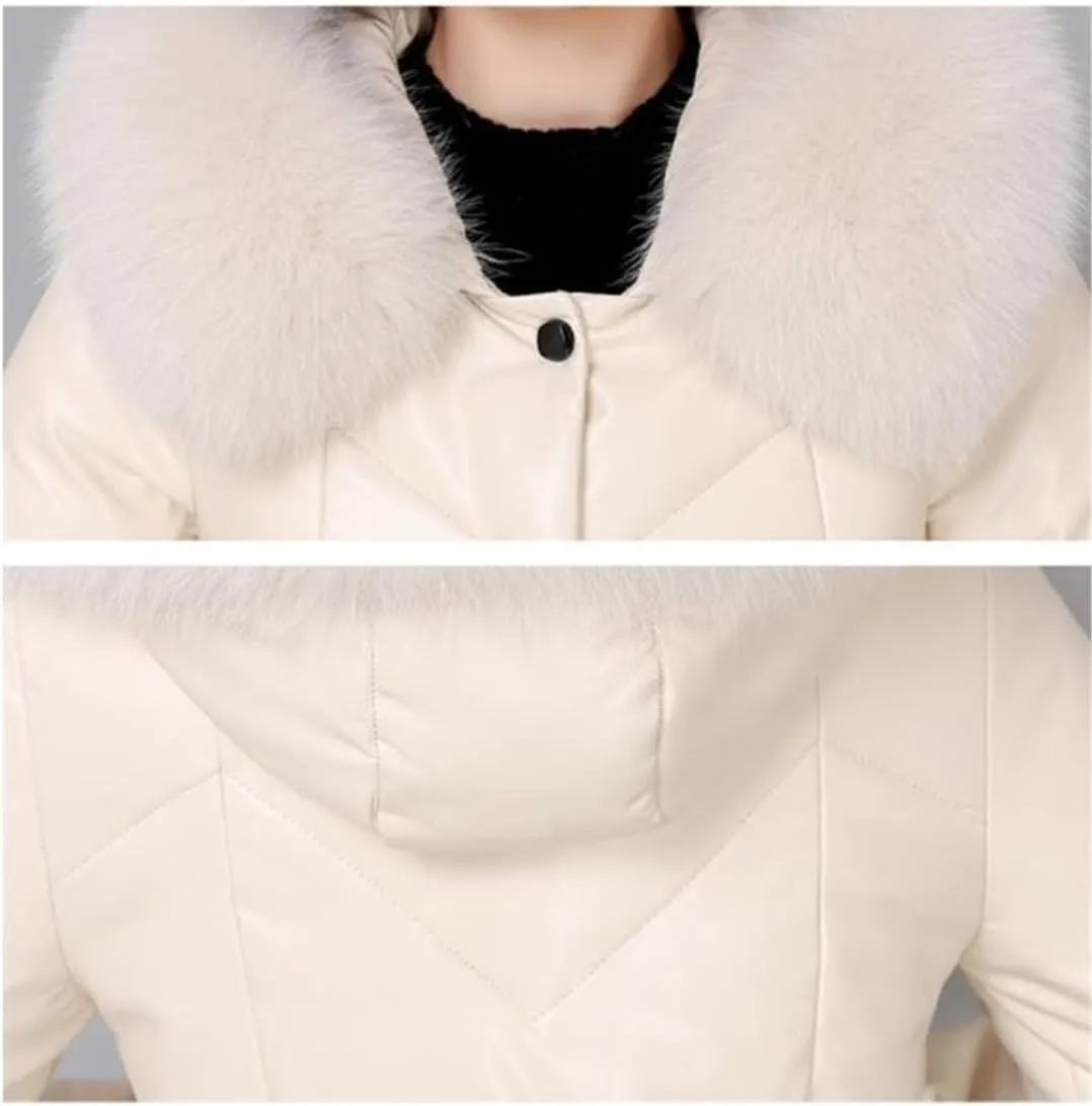 Womens Fur Collar Hooded Coat Women's Down Leather Jacket Winter Down Coat Long Female Puffer Parkas Outwear
