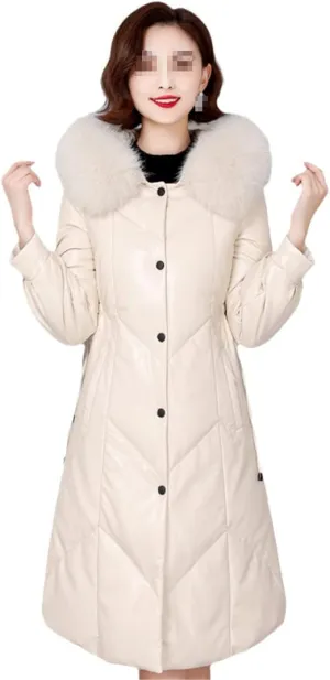 Womens Fur Collar Hooded Coat Women's Down Leather Jacket Winter Down Coat Long Female Puffer Parkas Outwear