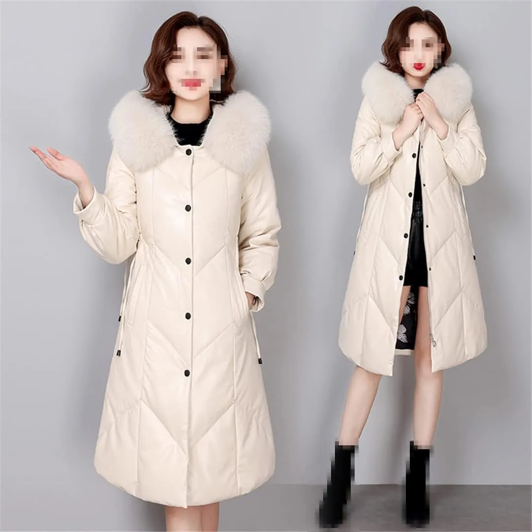 Womens Fur Collar Hooded Coat Women's Down Leather Jacket Winter Down Coat Long Female Puffer Parkas Outwear