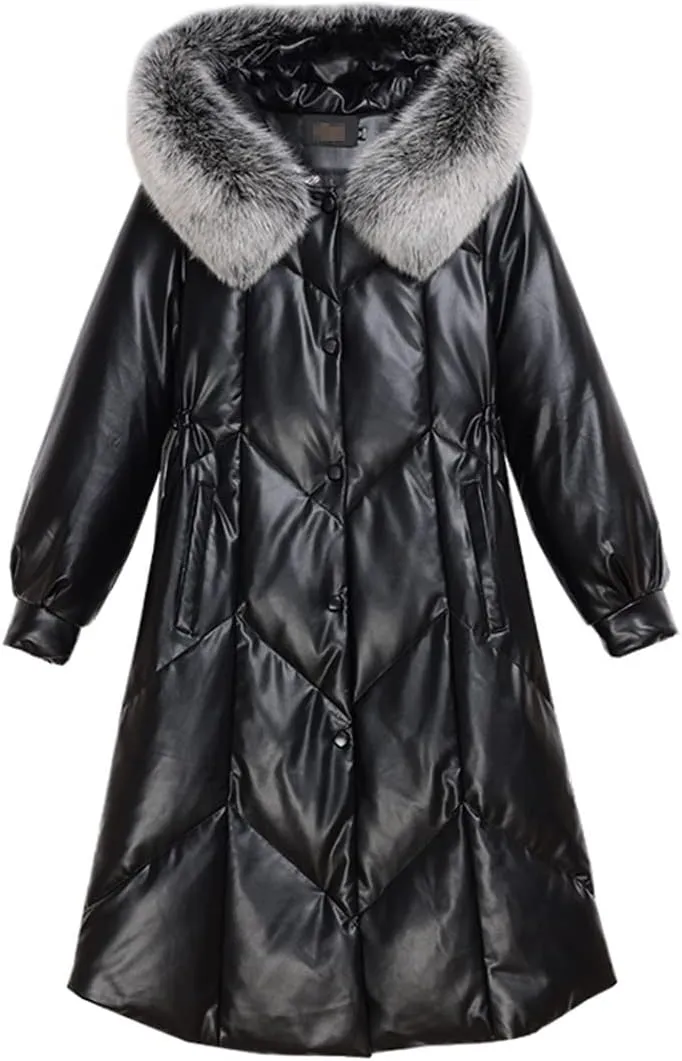 Womens Fur Collar Hooded Coat Women's Down Leather Jacket Winter Down Coat Long Female Puffer Parkas Outwear