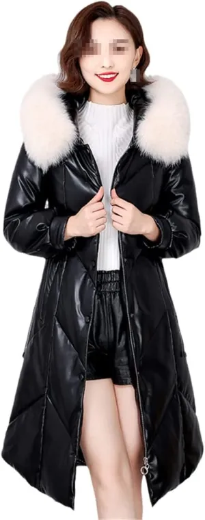 Womens Fur Collar Hooded Coat Women's Down Leather Jacket Winter Down Coat Long Female Puffer Parkas Outwear