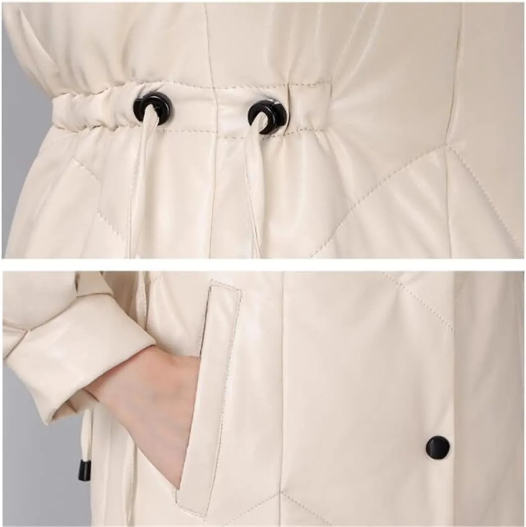 Womens Fur Collar Hooded Coat Women's Down Leather Jacket Winter Down Coat Long Female Puffer Parkas Outwear