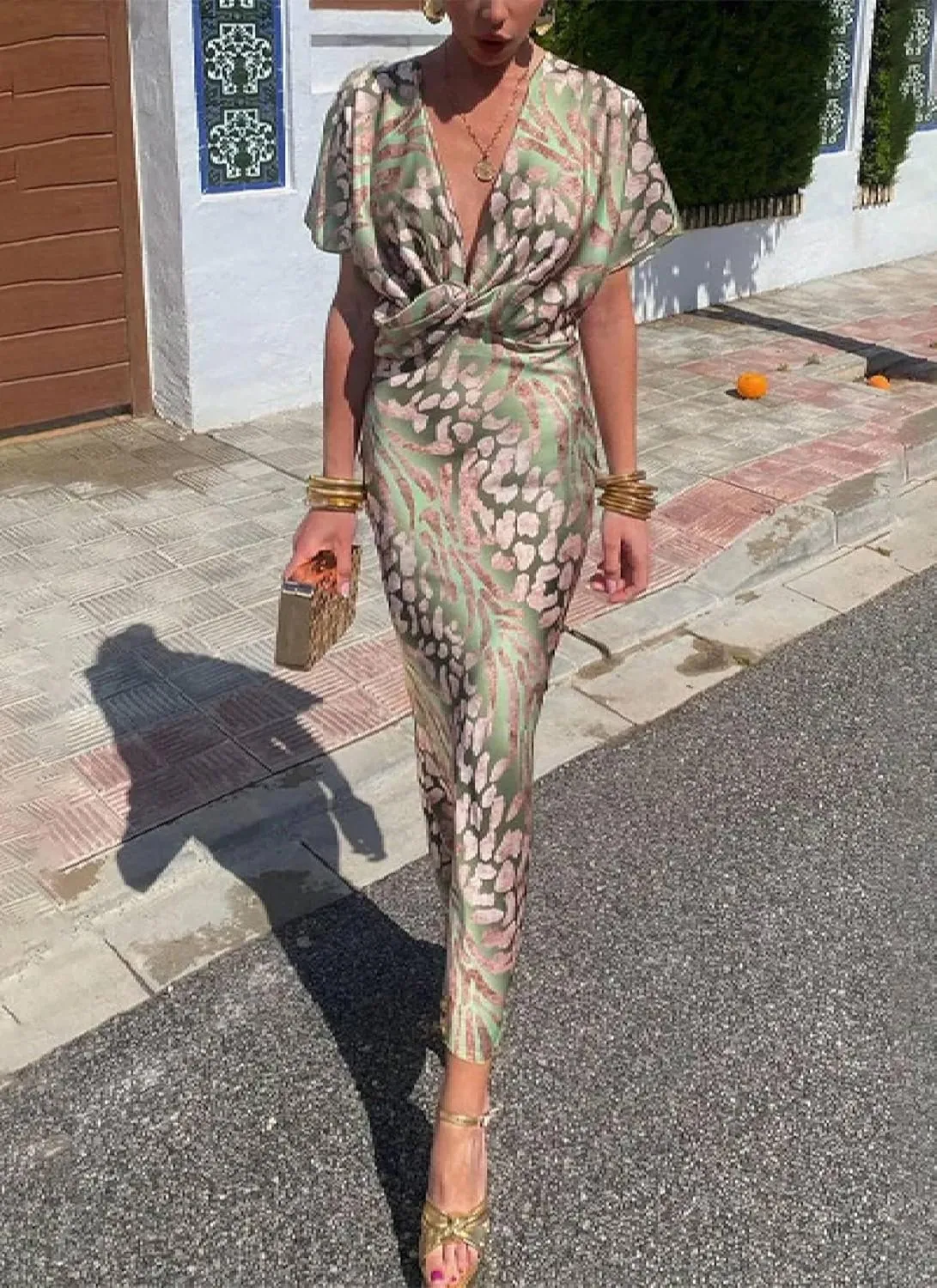 Women's Green Print Short Sleeve V-Neck Knot Detail Maxi Dress 2025 Summer Slim Fit Dress Elegant Party Casual Wear